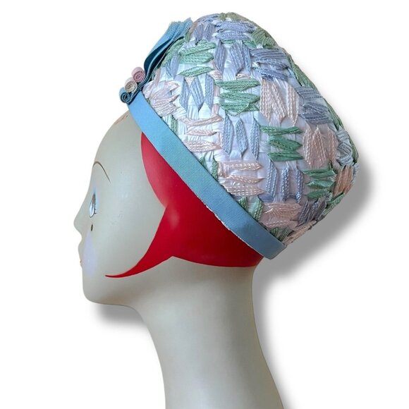 Vintage 1960s Womens Dress Hat Raffia Ribbon Woven Pastels Easter Wedding Derby - Picture 16 of 16